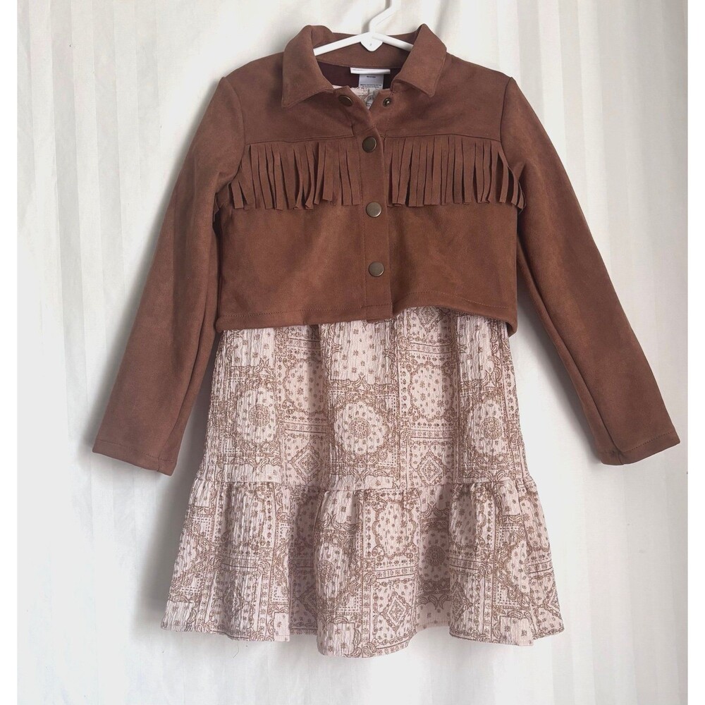 Rachel Zoe Girls Tiered Paisley Dress Faux Suede Fringe Jacket Set 5 NWOT Brown